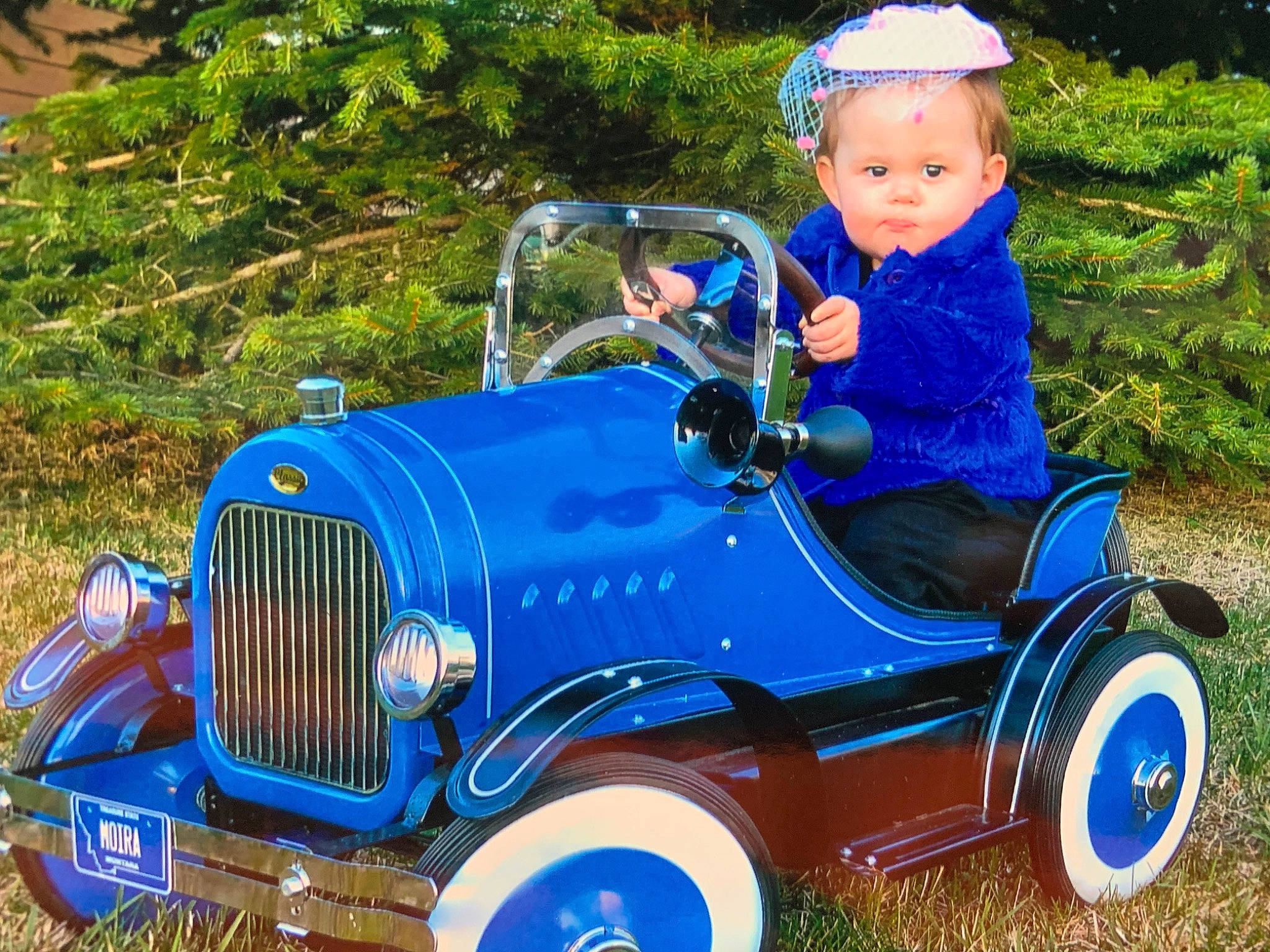 Moira is registered to the contest to win money with this photo: antique_car, automotive_design, automotive_tire, automotive_wheel_system, baby_toddler_clothing, blue, car, classic, classic_car, electric_blue, grass, motor_vehicle, people_in_nature, person, plant, riding_toy, sitting, tire, toddler, vehicle