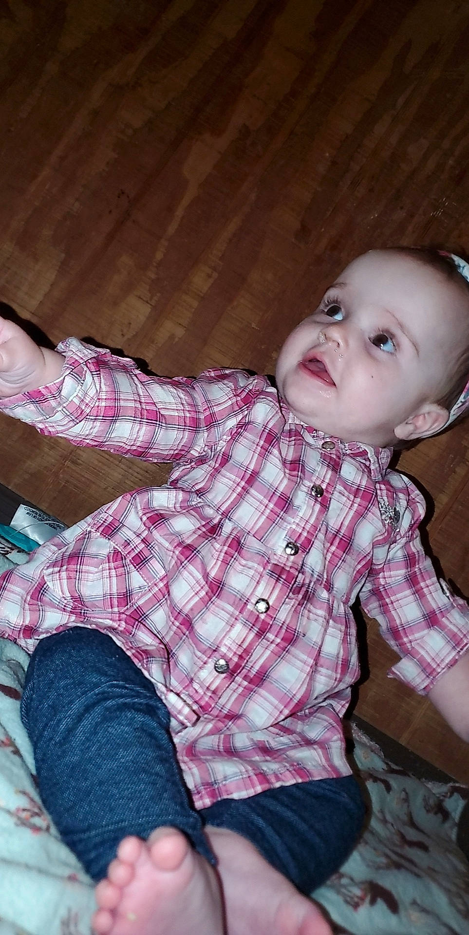 Ellie joined the competition — help win amazing prizes! baby_toddler_clothing, cheek, chin, eye, facial_expression, finger, hairstyle, head, human_body, iris, joint, leg, lip, mouth, nose, person, pink, skin, sleeve, tartan