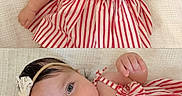 Esther is registered to the contest to win money with this photo: baby, infant, child, six_months, milestone, striped_dress, headband, bow, smiling, curious, blanket, wooden_marker, cute, portrait, lying_down, red_and_white, adorable, happy, young, person