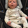 baby, infant, child, car_seat, safety_seat, sitting, wide_eyed, surprised, facial_expression, onesie, clothing, padded_cushion, vehicle_interior, travel, portrait, front_view, indoor, safe, hands, feet