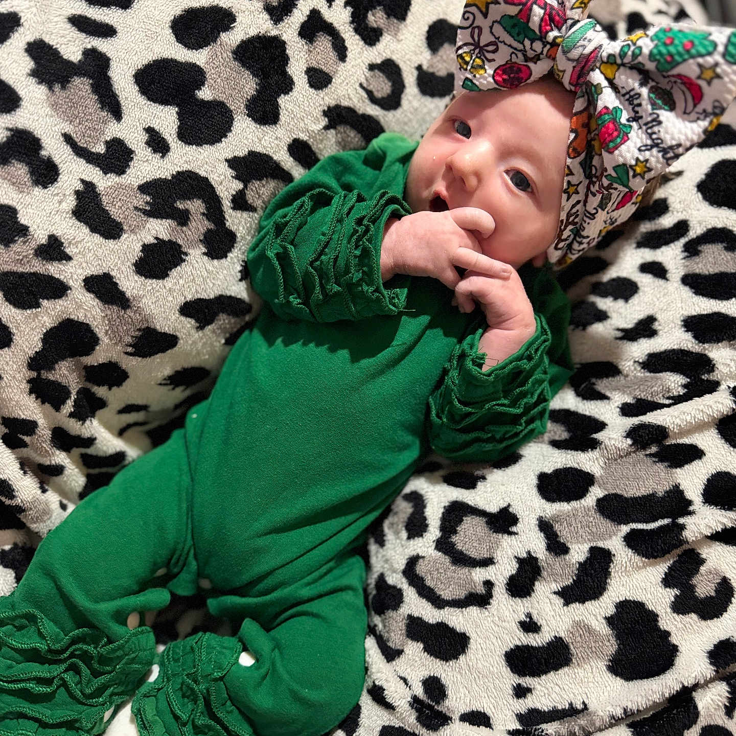 Xodi Rey joined the competition — help win amazing prizes! baby, blanket, bow, child, christmas, cute, green_outfit, headwear, holiday_theme, indoor, infant, leopard_print, pattern, person, portrait, resting, ruffles, soft_texture, white_socks, young