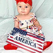 Chloe is registered to the contest to win money with this photo: american_flag, baby, celebration, child, cute, dress, expression, footwear, headband, holding, holiday, infant, patriotic, portrait, red_bow, red_shoes, sign, sitting, studio_photo, white_background