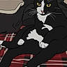 animal, black_and_white_cat, cartoon_style, cat, chair, cozy, cute, digital_art, dresser, feline, furniture, home, indoor, pet, plaid_blanket, relaxed, resting, sitting, whiskers, yellow_eyes