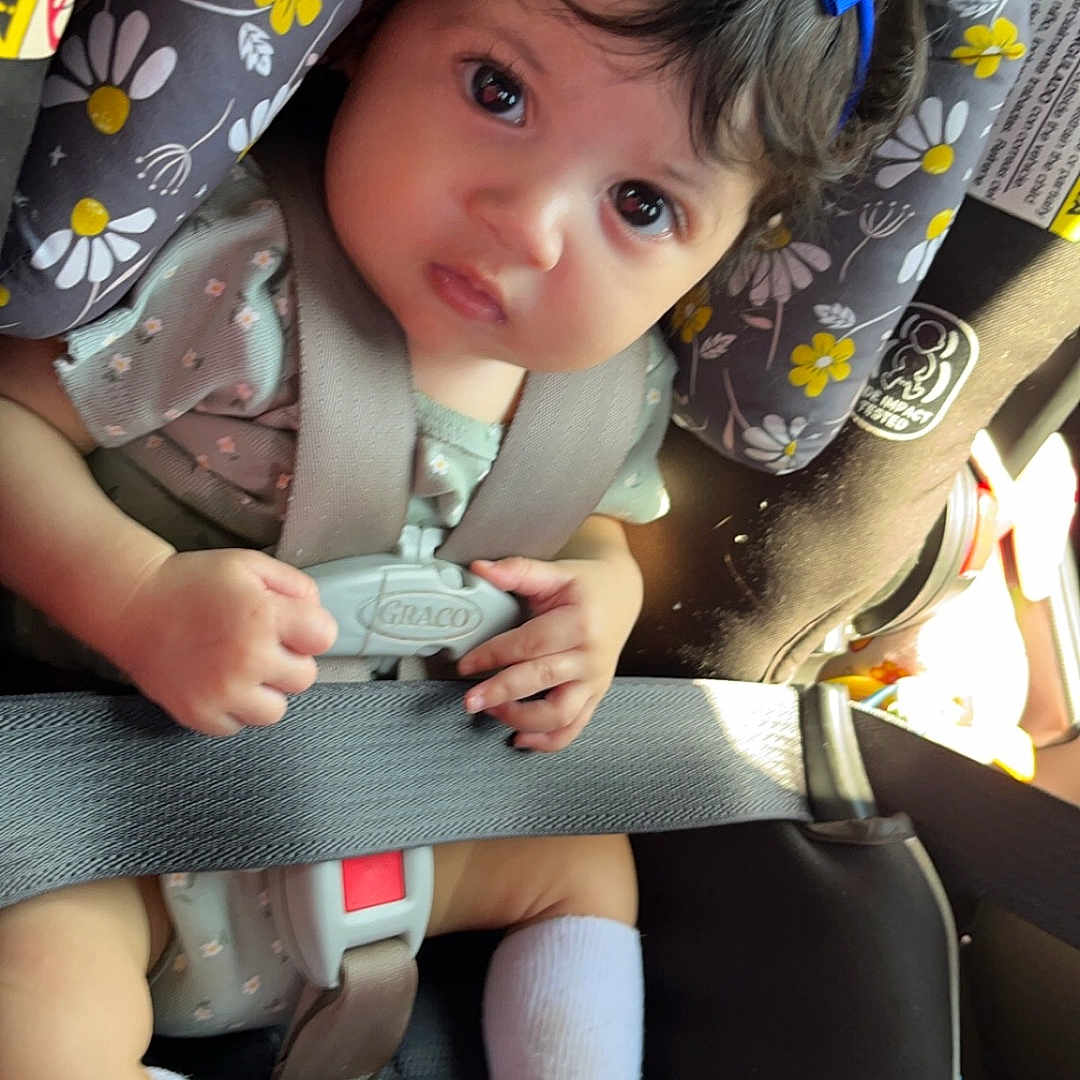 Symphoney is registered to the contest to win money with this photo: accessories, baby, belt, car, car_interior, carseat, clothing, cushion, face, footwear, hat, head, homedecor, person, photography, portrait, shoe, sneaker, transportation, vehicle