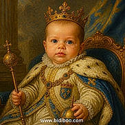 Oliver joined the competition — help win amazing prizes! baby, child, portrait, royal, crown, king, throne, scepter, orb, ornate_clothing, fur_collar, jewelry, medieval, painting, illustration, palace, seated, serious_expression, blue_and_gold, text_overlay
