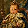 baby, child, portrait, royal, crown, king, throne, scepter, orb, ornate_clothing, fur_collar, jewelry, medieval, painting, illustration, palace, seated, serious_expression, blue_and_gold, text_overlay