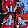 Oliver joined the competition — help win amazing prizes! baby, infant, child, portrait, collage, four_panels, red_hat, red_clothing, white_socks, lying_down, cushion, indoor, close_up, full_body, face, blue_eyes, fashion, bear_graphic, smiling, photography