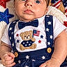 Oliver is registered to the contest to win money with this photo: baby, child, infant, portrait, patriotic, american_flag, stars, teddy_bear, bow_tie, suspenders, overalls, blue_clothing, white_shirt, red, white, blue, lying_down, close_up, stuffed_animal, smiling