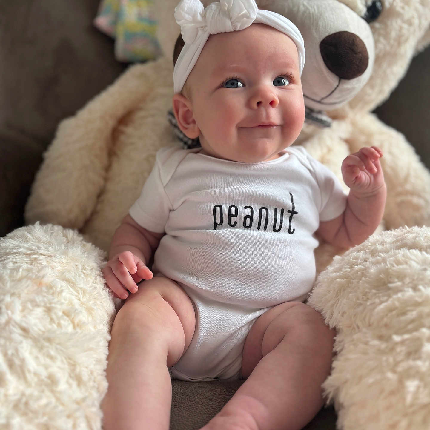 Emma joined the competition — help win amazing prizes! animal, baby, bodypart, canine, clothing, couch, diaper, dog, face, finger, furniture, hand, hat, head, newborn, person, pet, photography, portrait, toy
