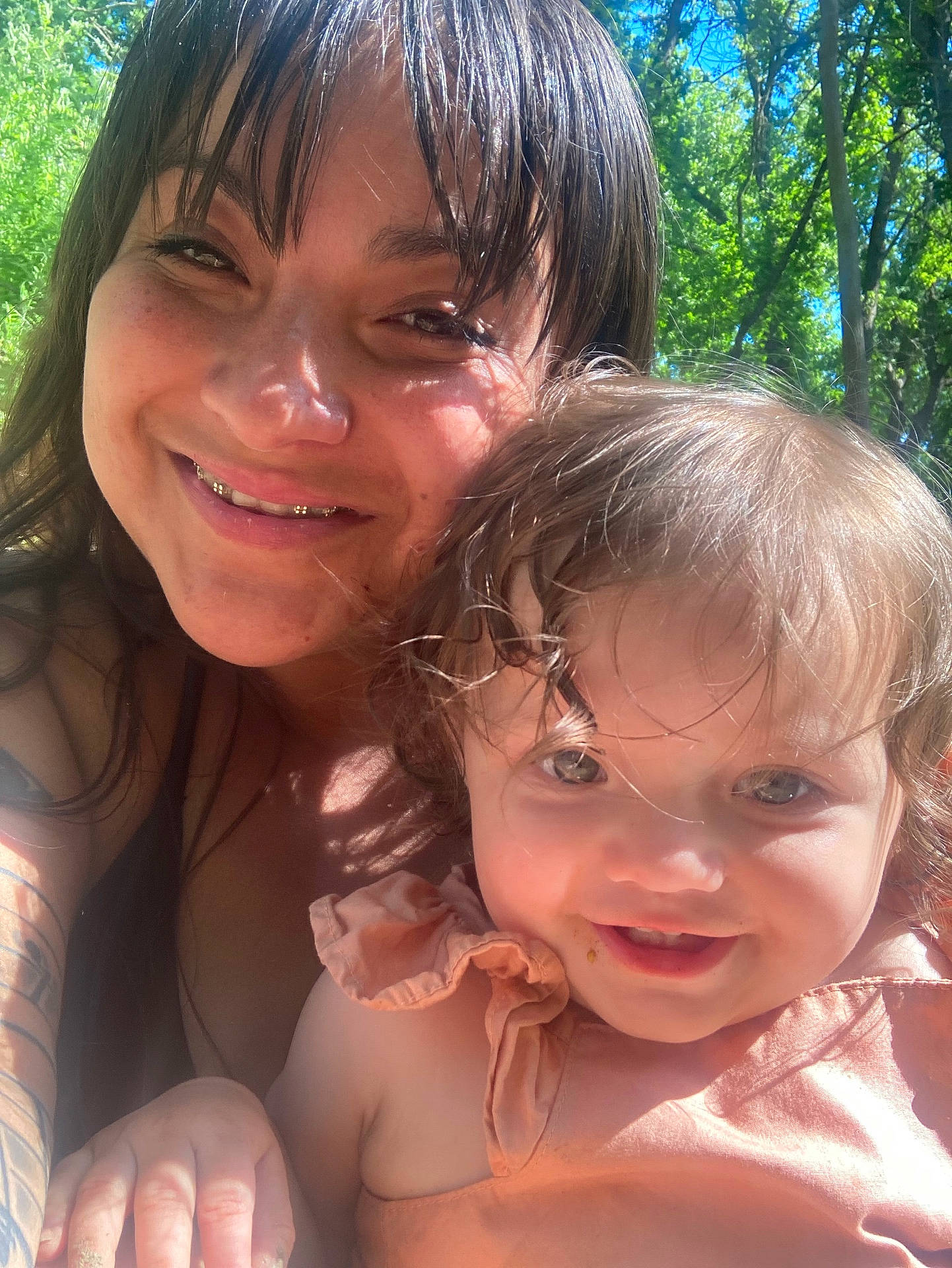 Mazikeen joined the competition — help win amazing prizes! blue_sky, braces, child, closeup, daylight, dress, face, family, greenery, hair, happy, nature, outdoor, portrait, skin, smiling, sunlight, toddler, trees, woman