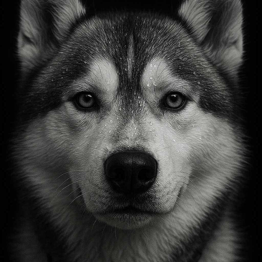 Potter participe au concours pour gagner de l'argent avec cette photo : animal, black_and_white, canine, close_up, collar, dark_background, dog, ears, eyes, face, fur, husky, muzzle, nose, pet, portrait, studio_lighting, water_droplets, wet, whiskers