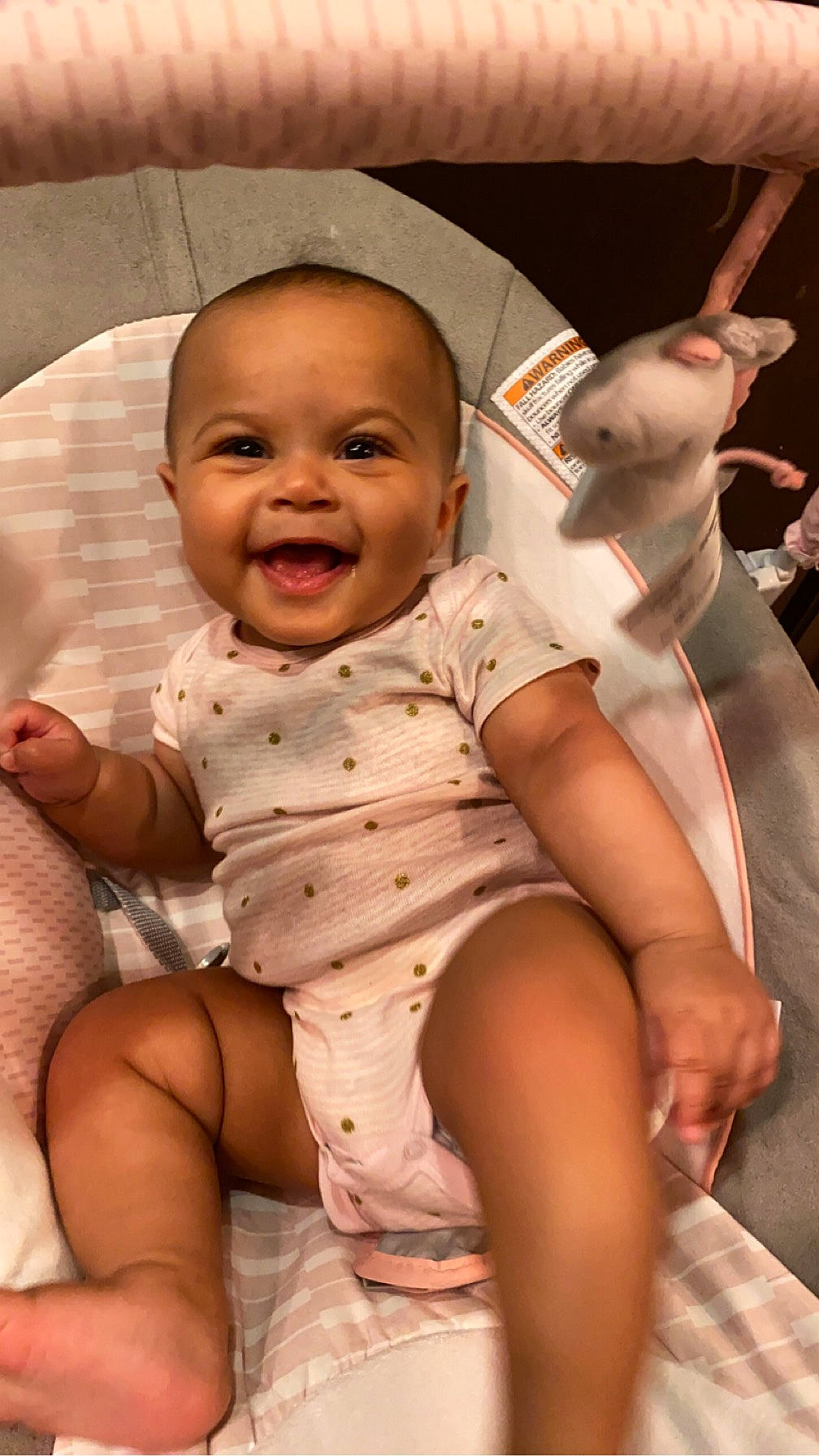 Amiyah joined the competition — help win amazing prizes! baby, baby_toddler_clothing, cheek, comfort, facial_expression, finger, gesture, hairstyle, happy, human_body, joint, leg, mammal, mouth, nose, person, pink, skin, smile, stomach