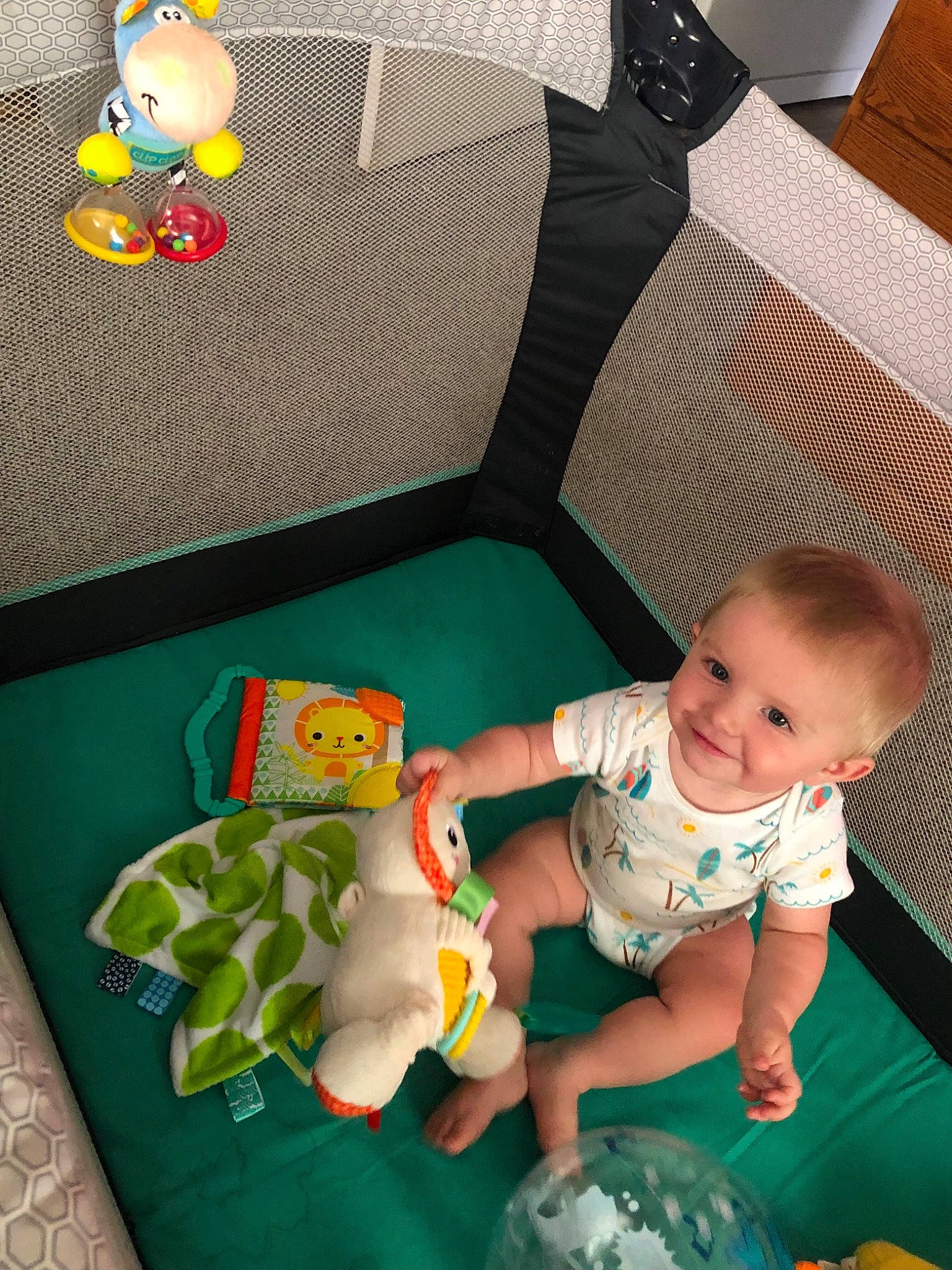 Axell is registered to the contest to win money with this photo: baby, baby_playing_with_toys, baby_toddler_clothing, blue, child, comfort, flooring, fun, green, infant_bed, joy, leisure, mammal, person, photograph, product, snapshot, textile, toddler, toy