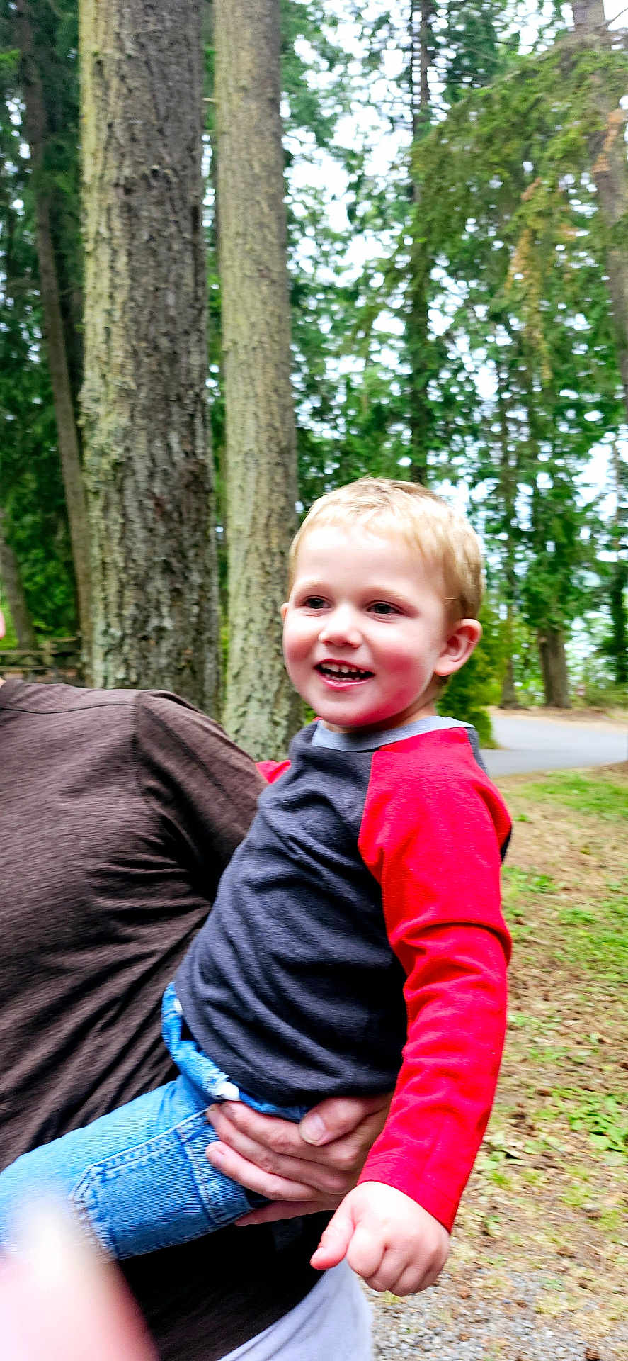 Carson joined the competition — help win amazing prizes! child, smiling, outdoor, trees, person, forest, nature, happy, holding, casual, boy, jeans, red_shirt, adult_hand, daylight, park, greenery, walking_path, portrait, fun