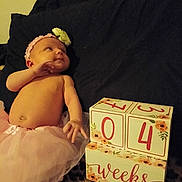 Islah joined the competition — help win amazing prizes! baby, newborn, infant, headband, flower, tutu, milestone_blocks, weeks, numbers, hand, belly, blanket, pillow, couch, leopard_print, looking_up, lying_down, portrait, soft_lighting, fabric