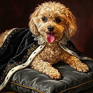 Maya is registered to the contest to win money with this photo: dog, small_dog, curly_fur, royal_cape, gold_embroidery, lace_collar, cushion, plush, portrait, tongue_out, pet, animal, indoor, luxury, regal, brown, black, decorative, classic, pose