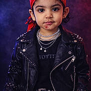 Gurfateh participe au concours pour gagner de l'argent avec cette photo : child, leather_jacket, red_bandana, necklaces, black_clothing, studs, belt, portrait, confident, fashion, studio_lighting, face, hands, young, cute, punk_style, dark_background, smudge, expression, jewelry