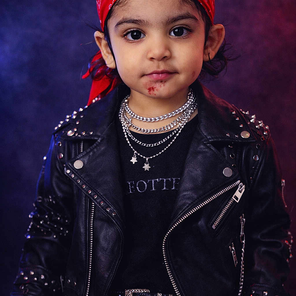 Gurfateh participe au concours pour gagner de l'argent avec cette photo : child, leather_jacket, red_bandana, necklaces, black_clothing, studs, belt, portrait, confident, fashion, studio_lighting, face, hands, young, cute, punk_style, dark_background, smudge, expression, jewelry