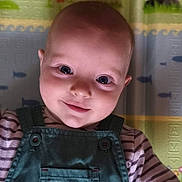 Octave participe au concours pour gagner de l'argent avec cette photo : baby, button, child, closeup, clothing, colorful_background, curious, cute, face, happy, indoor, infant, lying_down, overalls, playmat, portrait, smiling, striped_shirt, whale_patch, young_child