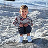 Giulian participe au concours pour gagner de l'argent avec cette photo : child, boy, smiling, snow, outdoor, winter, blue_sky, sweater, pants, white_shoes, crouching, nature, daylight, happy, portrait, casual_clothing, trees, background, cold_weather, playful