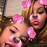 child, woman, face_filter, pink_ears, dog_nose, tongue_out, indoor, window_blinds, casual_clothing, playful, closeup, portrait, happy, fun, family, selfie, blonde_hair, brown_hair, expression, digital_filter