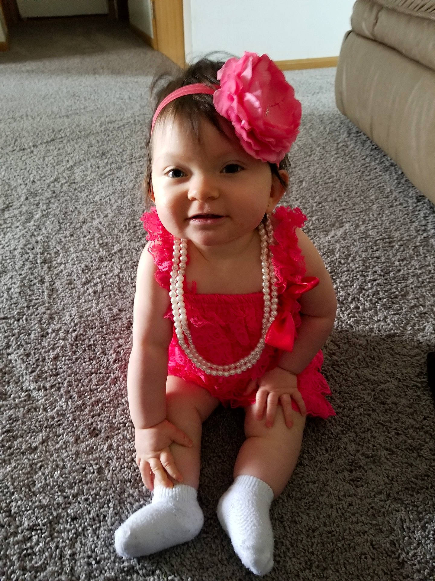 Kynleigh is registered to the contest to win money with this photo: abdomen, child, costume, day, fashion_accessory, fun, girl, hair_accessory, happiness, headgear, infant, joy, leg, person, pink, product, red, skin, smile, textile