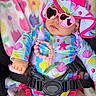 baby, infant, child, stroller, sunglasses, heart_shaped_sunglasses, pacifier, colorful_clothing, beach_theme, seashells, starfish, blanket, portrait, sitting, outdoor_style, harness, car_seat, smiling, fashion, close_up