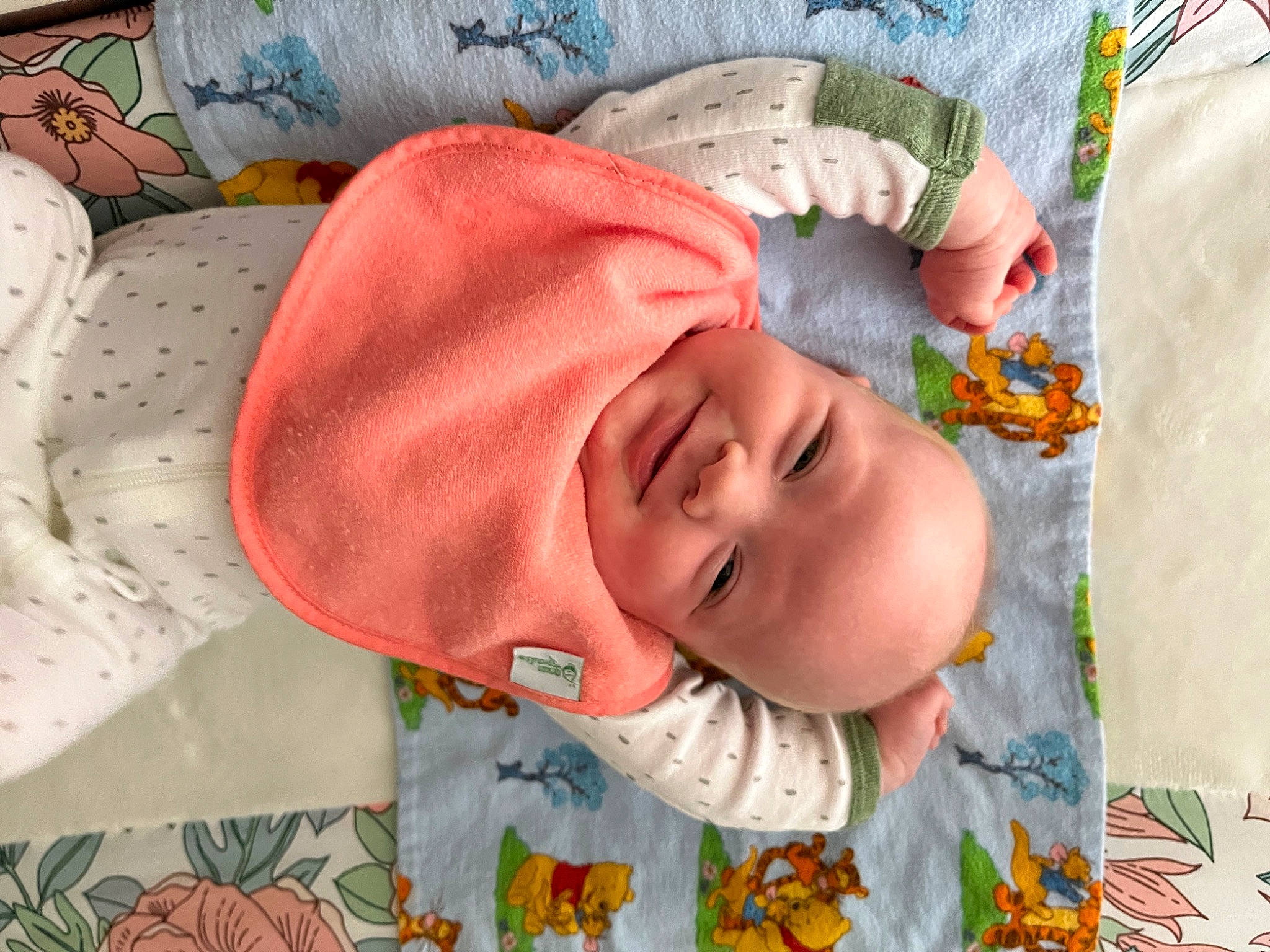 Charlie joined the competition — help win amazing prizes! baby, baby_products, baby_toddler_clothing, bedtime, cheek, child, comfort, eye, happy, head, headgear, linens, mouth, nose, orange, pattern, person, skin, sleeve, smile