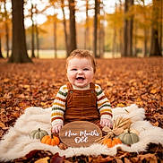 Zaylen is registered to the contest to win money with this photo: baby, infant, autumn, fall_leaves, pumpkins, forest, blanket, smiling, child, outdoor, seasonal, cute, portrait, nature, orange, brown, green, overalls, happy, young