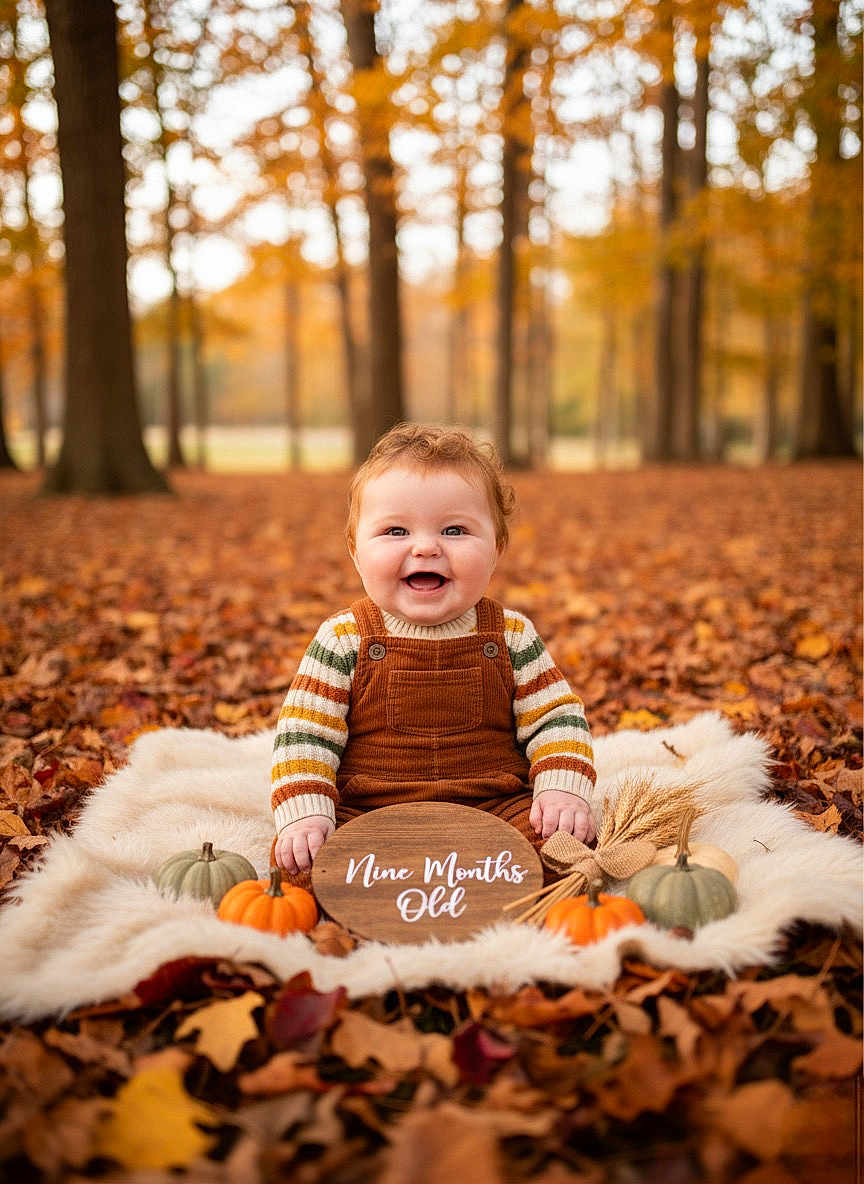 Zaylen is registered to the contest to win money with this photo: baby, infant, autumn, fall_leaves, pumpkins, forest, blanket, smiling, child, outdoor, seasonal, cute, portrait, nature, orange, brown, green, overalls, happy, young