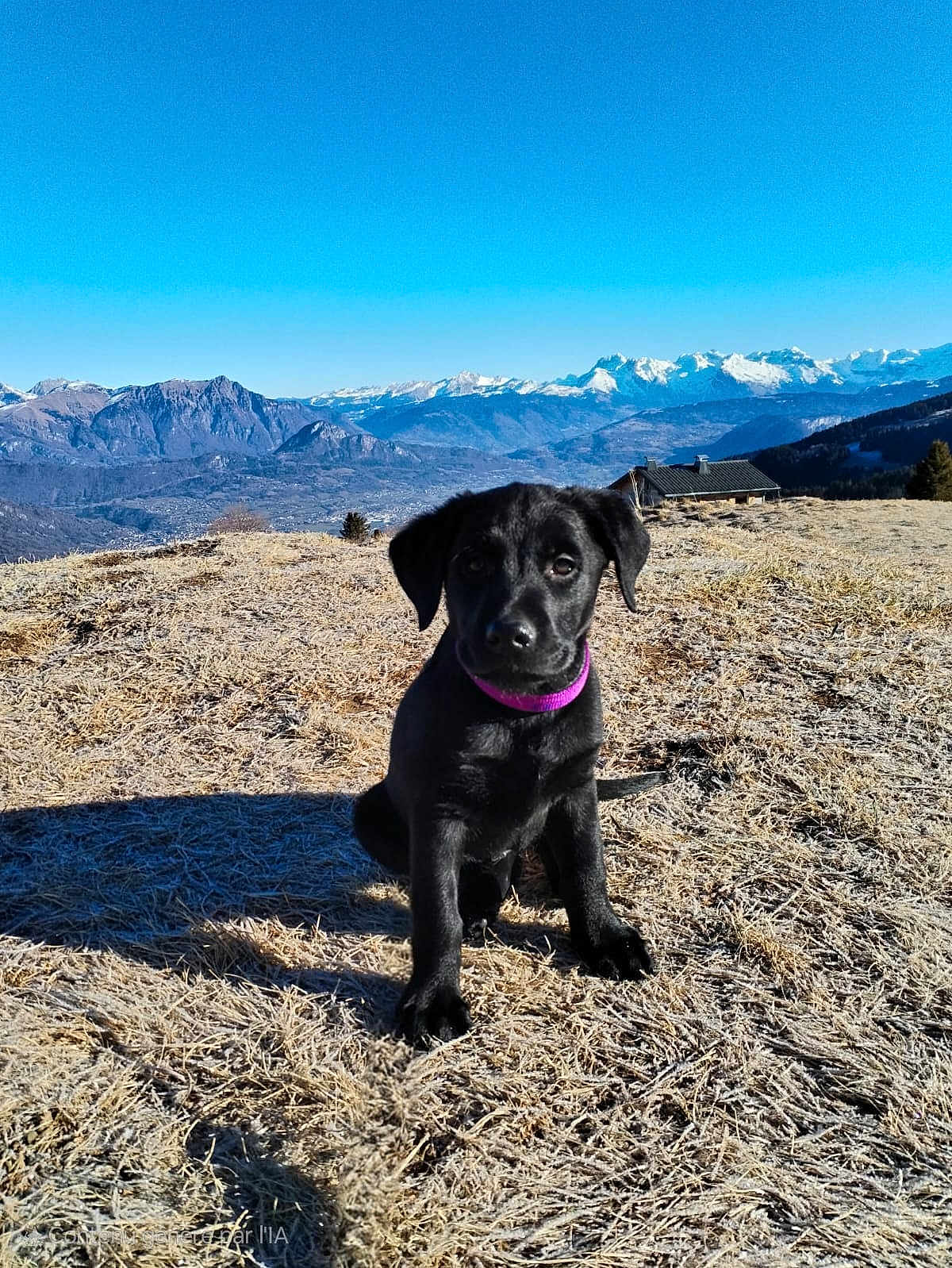 Prime a rejoint le concours — aidez-le/la à gagner de superbes lots ! animal, black_dog, blue_sky, collar, cute, dog, frost, grass, hill, landscape, mountains, nature, outdoor, pet, puppy, shadow, sky, snow_capped_mountains, sunlight, winter
