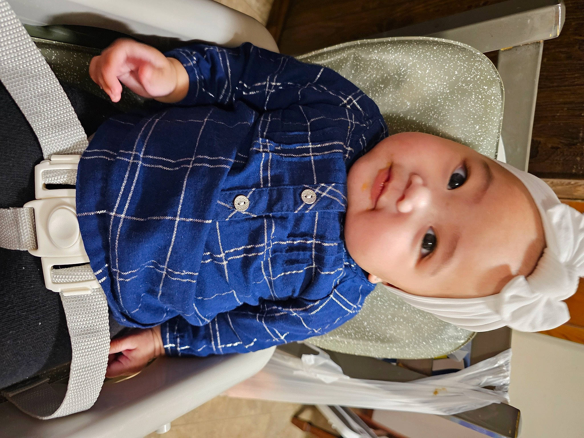 Rosie joined the competition — help win amazing prizes! baby, baby_products, baby_toddler_clothing, cheek, child, collar, comfort, denim, dress_shirt, electric_blue, mouth, pattern, person, plaid, product, sitting, sleeve, tartan, textile, toddler