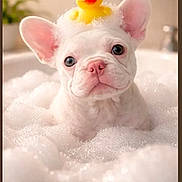 Frosty joined the competition — help win amazing prizes! puppy, dog, bath, bubbles, rubber_duck, white_puppy, cute, pet, animal, water, foam, ears, pink_nose, toy, indoor, face, looking_up, playful, adorable, cleaning