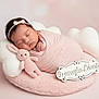 newborn, baby, sleeping, pink, blanket, plush_toy, bunny, headband, cushion, cloud_shape, soft_texture, portrait, infant, resting, cute, indoors, wrapped, peaceful, child, studio