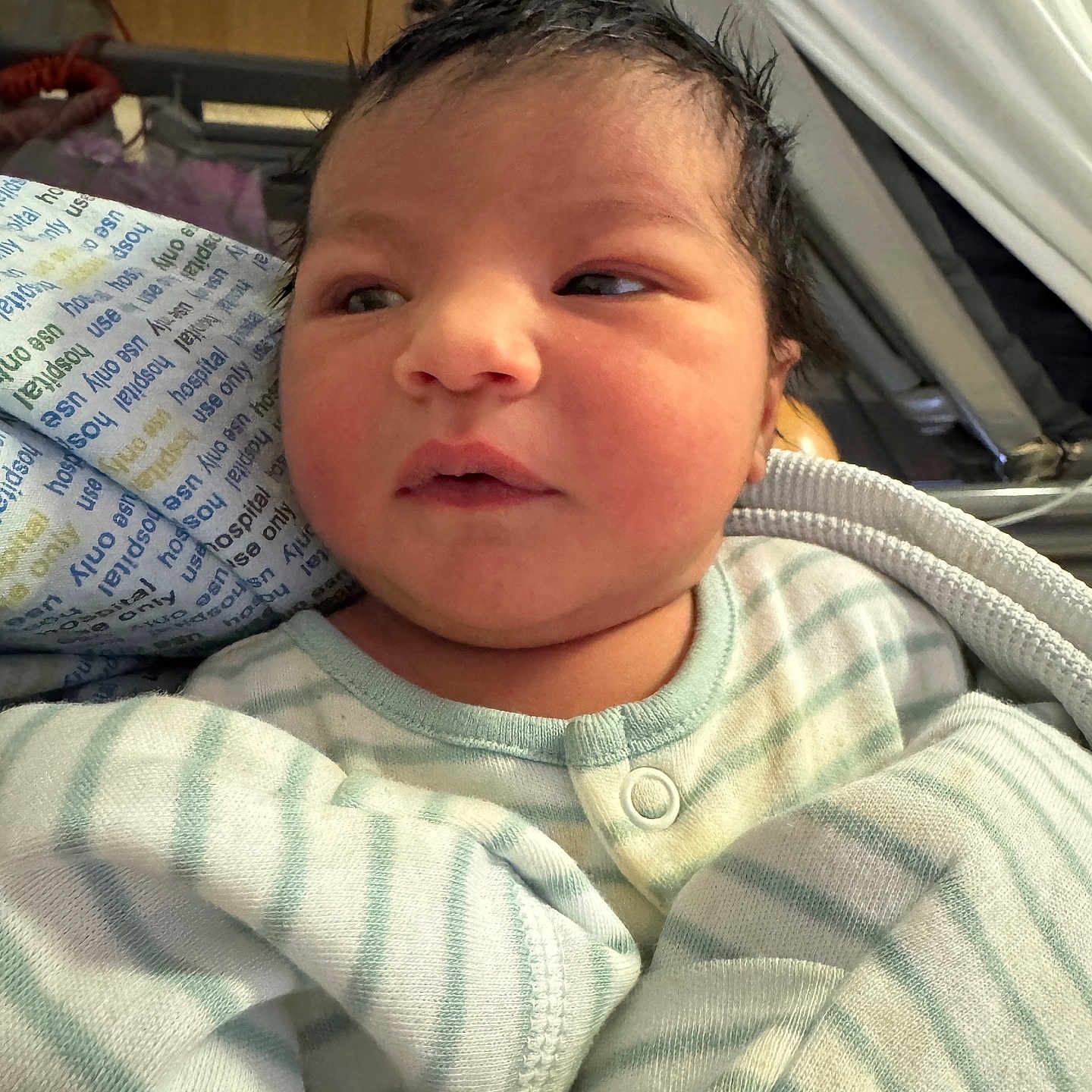 Zakia Ayesha Noor joined the competition — help win amazing prizes! baby, child, clothing, cute, eyes, face, head, hospital, human, indoors, infant, newborn, newborn_clothes, person, portrait, skin, sleepwear, soft_lighting, striped_blanket, swaddled