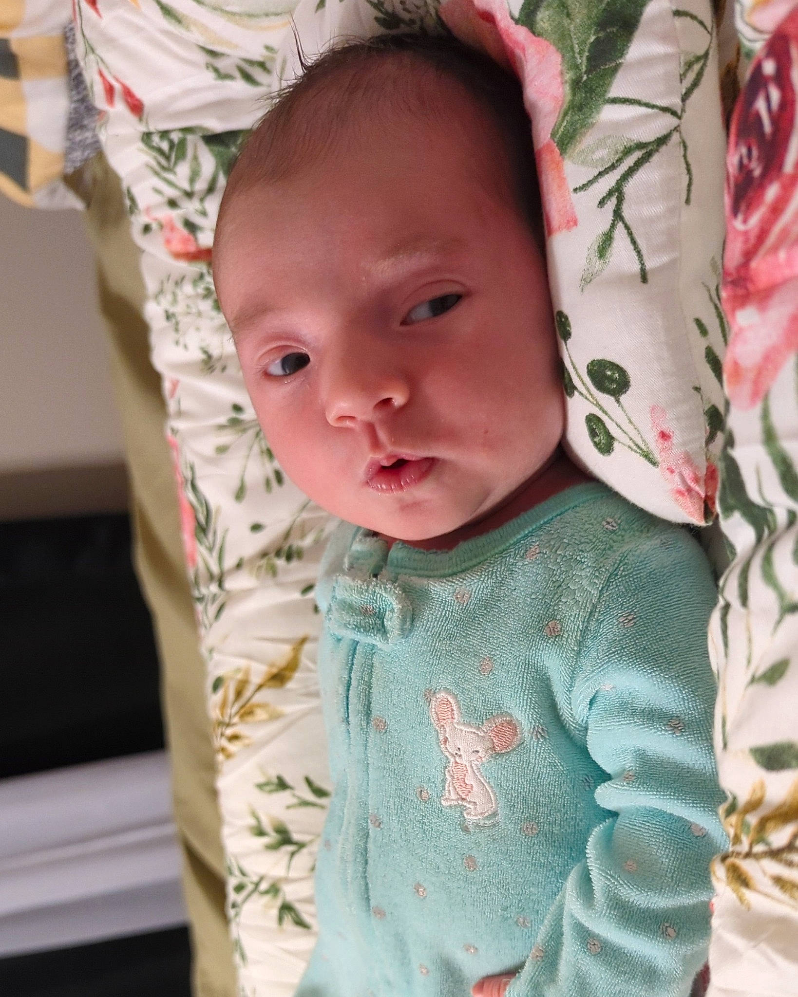 Amelia is registered to the contest to win money with this photo: baby, baby_toddler_clothing, cheek, child, comfort, eyelash, happy, iris, linens, lip, nose, outerwear, pattern, person, pink, product, skin, sleeve, smile, textile