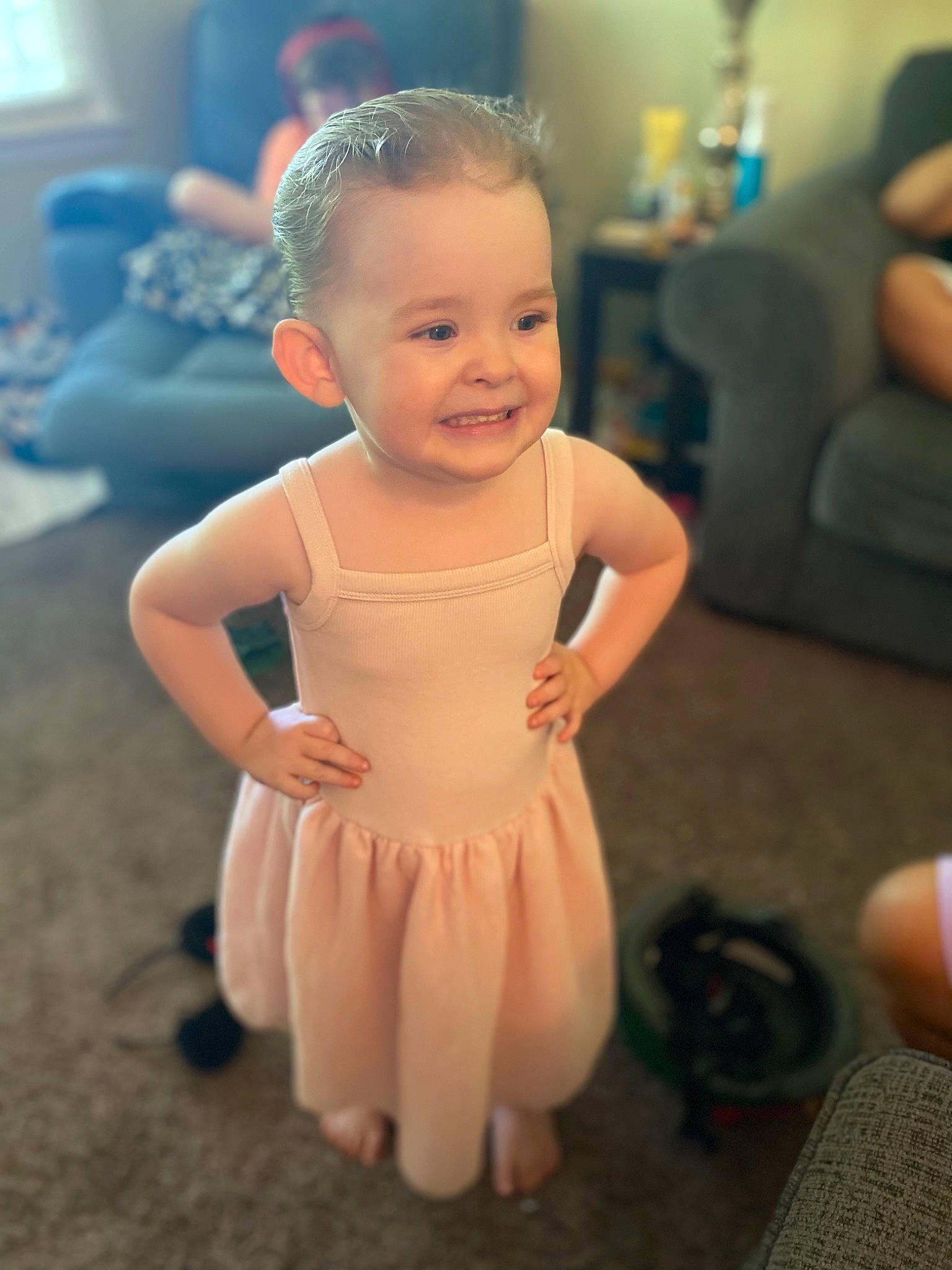 Emma joined the competition — help win amazing prizes! baby, baby_toddler_clothing, blue, cheek, child, day_dress, dress, finger, flash_photography, flooring, fun, hairstyle, happy, head, human_leg, joy, person, skin, sleeve, smile