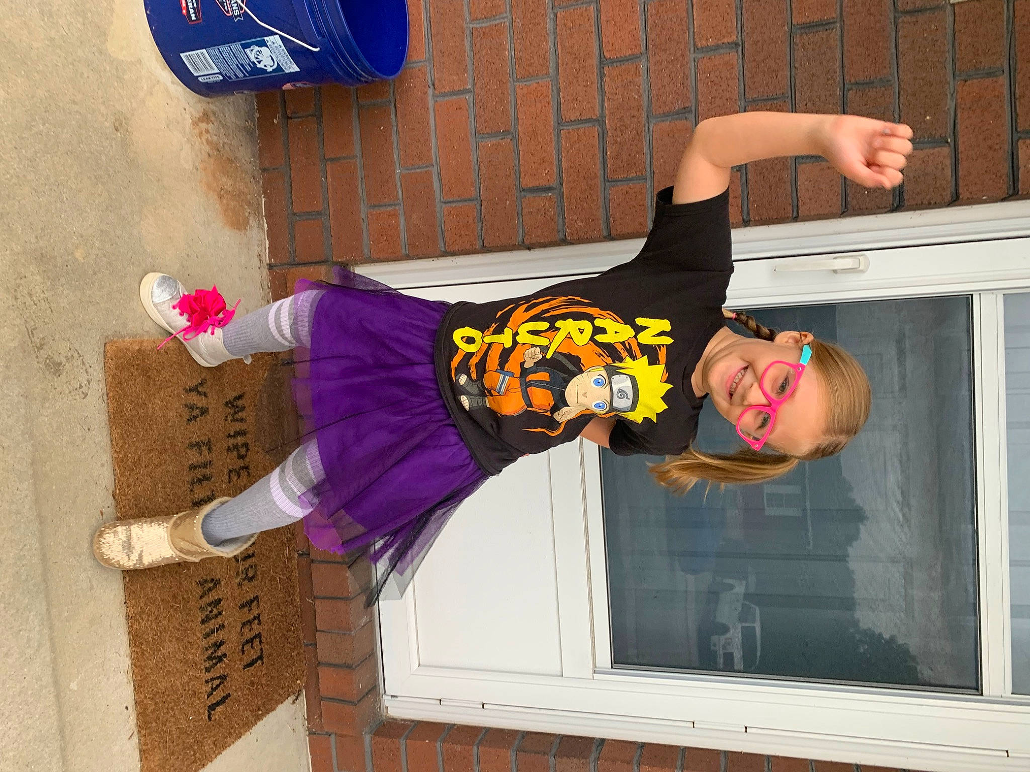 Alexia is registered to the contest to win money with this photo: blue, child, fashion, fun, happy, human_leg, joy, outdoor_shoe, person, room, smile, street_fashion, t_shirt, thigh, walking_shoe, window