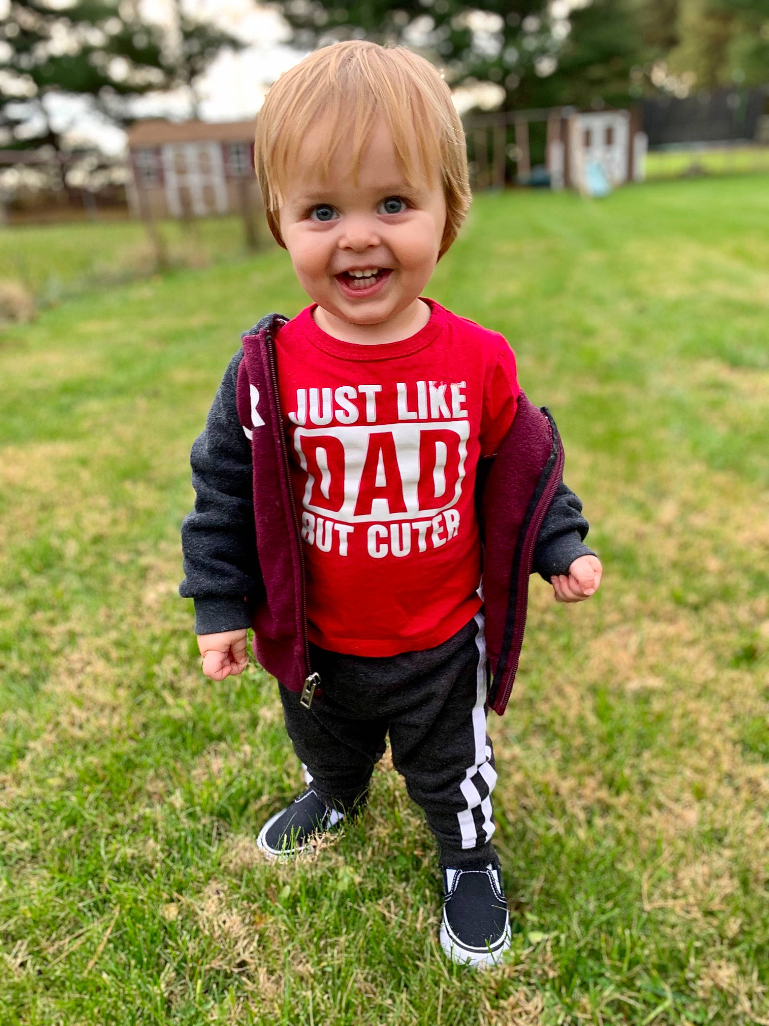 Kaiden is registered to the contest to win money with this photo: baby, baby_toddler_clothing, child, face, fun, grass, hair, happy, joy, lawn, leisure, people_in_nature, person, plant, recreation, shirt, sleeve, smile, summer, t_shirt
