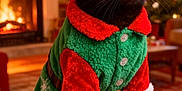 Taz a rejoint le concours — aidez-le/la à gagner de superbes lots ! black_cat, cat, christmas_clothing, christmas_hat, christmas_tree, costume, cozy, decorations, feline, festive, fireplace, green, heart_pattern, holiday, holiday_season, indoor, pet, red, santa_hat, warm_lighting