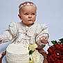 Olivia is registered to the contest to win money with this photo: baby, birthday_cake, bouquet, cake, celebration, child, cream, cute, festive, flowers, food, headband, indoor, lace, portrait, roses, sitting, smudged_cream, white_cake, white_dress