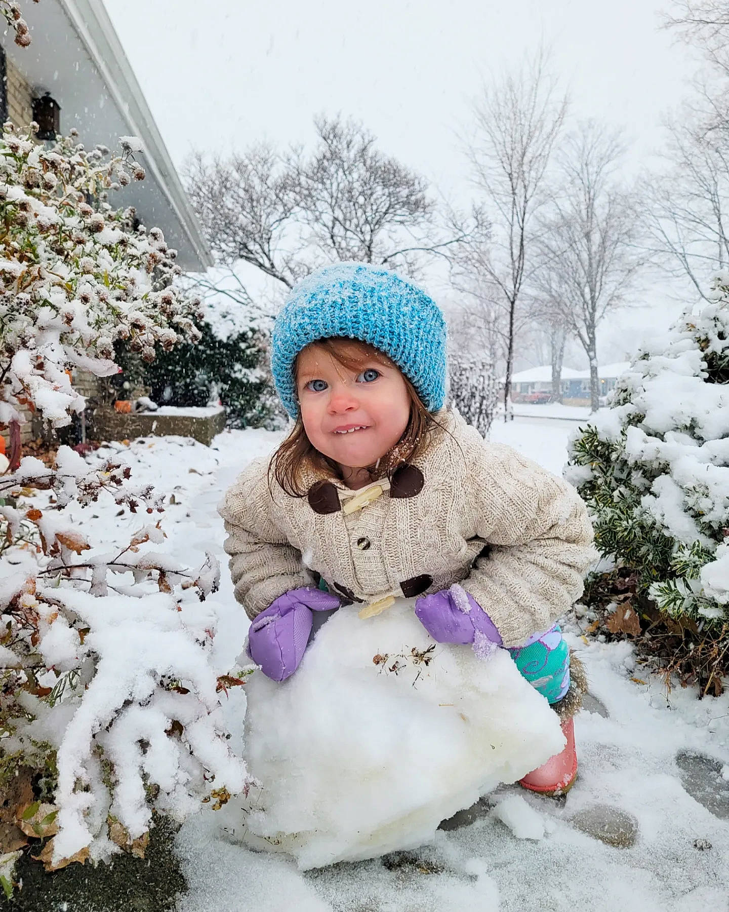 Farrah joined the competition — help win amazing prizes! cap, event, freezing, fun, fur, grass, happy, headwear, jacket, knit_cap, people_in_nature, person, plant, playing_in_the_snow, sitting, sky, snow, toddler, tree, white