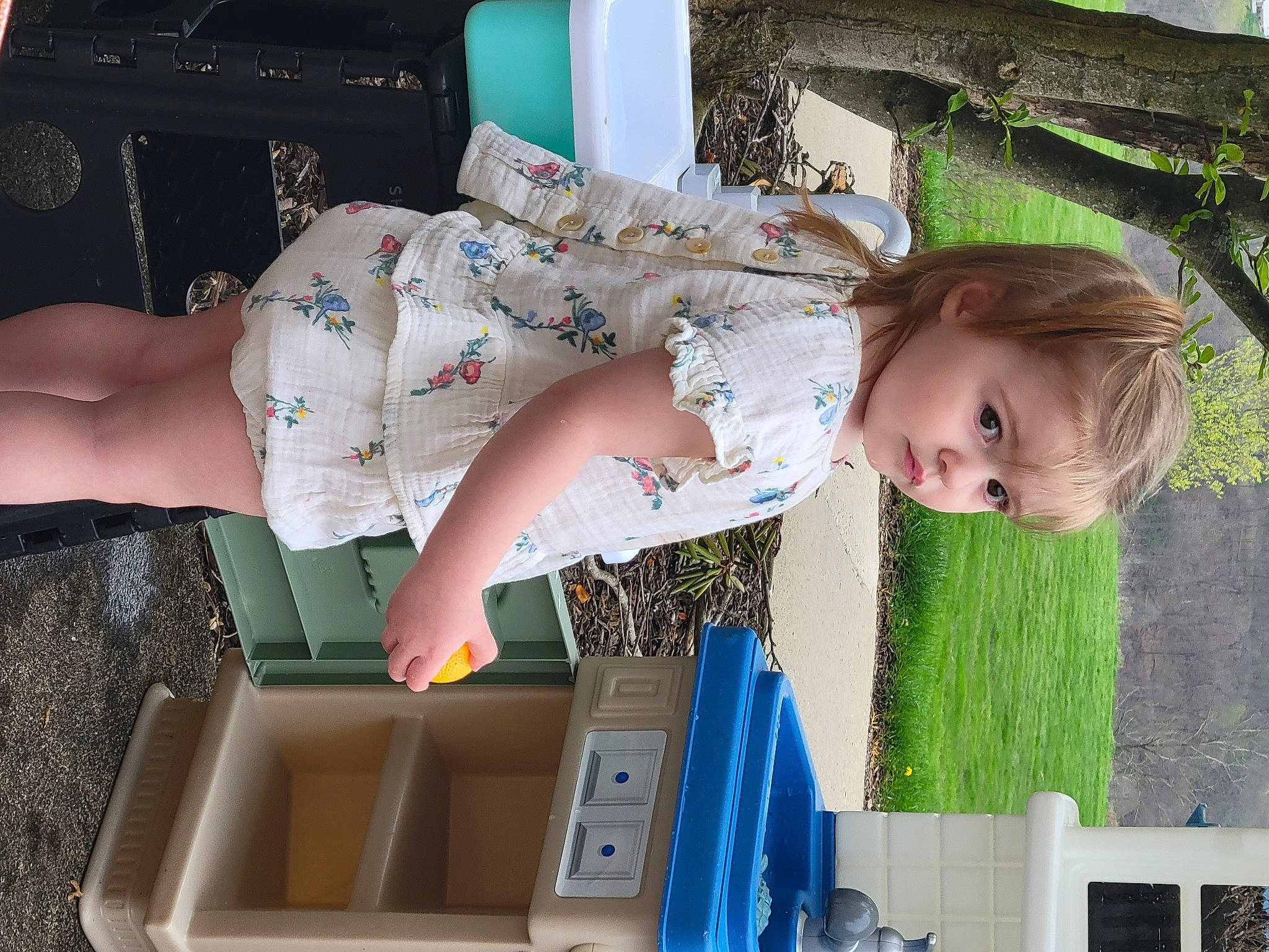 Charlee joined the competition — help win amazing prizes! baby, child, flesh, fun, grass, green, happy, human_leg, knee, leisure, pattern, person, play, room, sandal, sitting, smile, thigh, toddler, tree