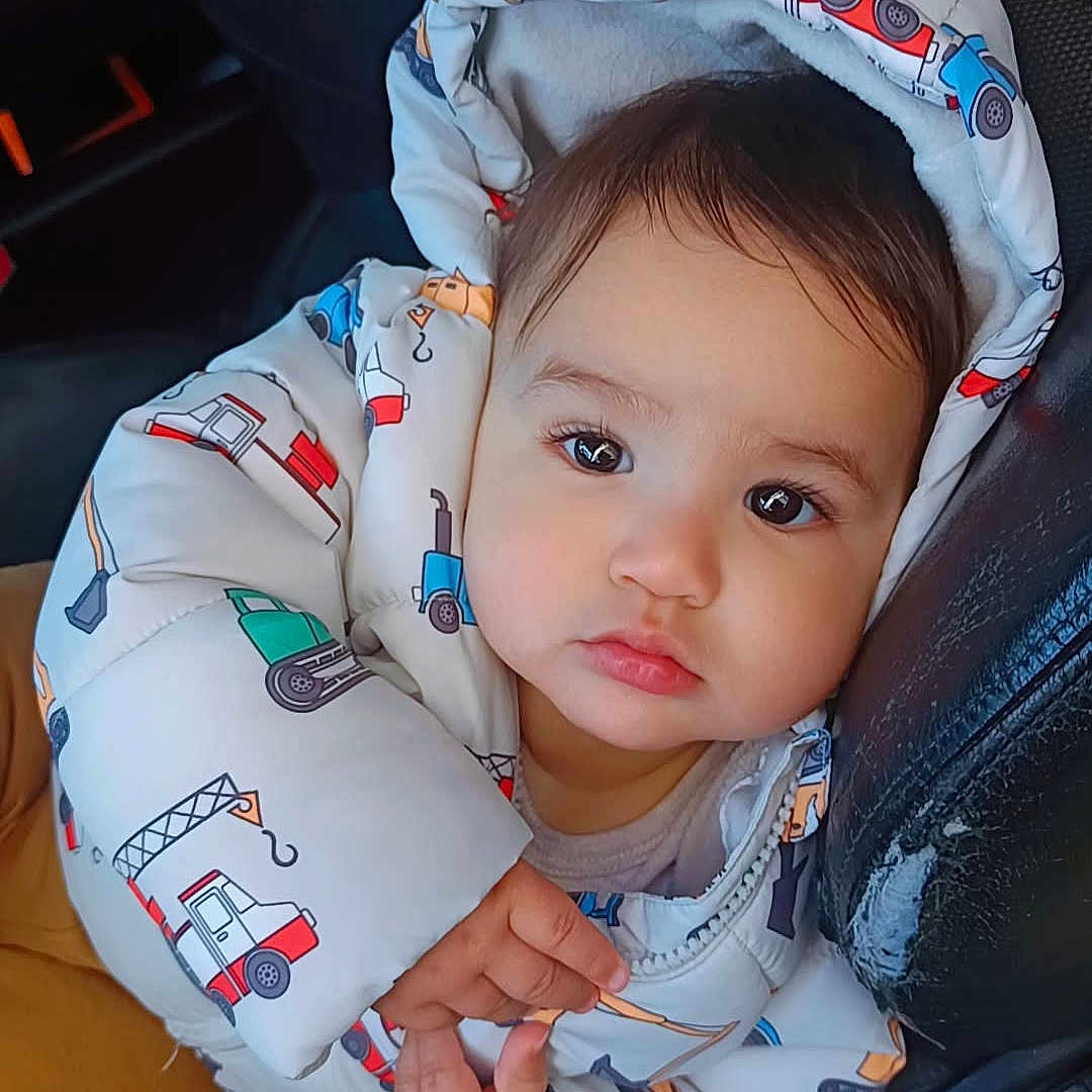 Taylor participe au concours pour gagner de l'argent avec cette photo : baby, car_seat, casual, child, colorful_clothing, curious_expression, cute, eyes, face, hands, hood, indoors, leather_seat, portrait, puffer_jacket, sitting, toddler, vehicle_interior, warm_clothing, winter_jacket