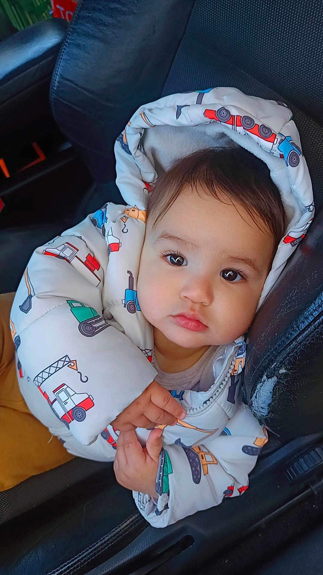 Taylor participe au concours pour gagner de l'argent avec cette photo : baby, toddler, child, puffer_jacket, colorful_clothing, car_seat, leather_seat, vehicle_interior, hands, face, eyes, curious_expression, casual, warm_clothing, winter_jacket, hood, sitting, portrait, indoors, cute