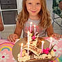 birthday_cake, candles, celebration, chair, child, chocolate, cream, cup, decorations, face, furniture, glass, hair, happy, indoor, party, person, pink, smiling, tablecloth