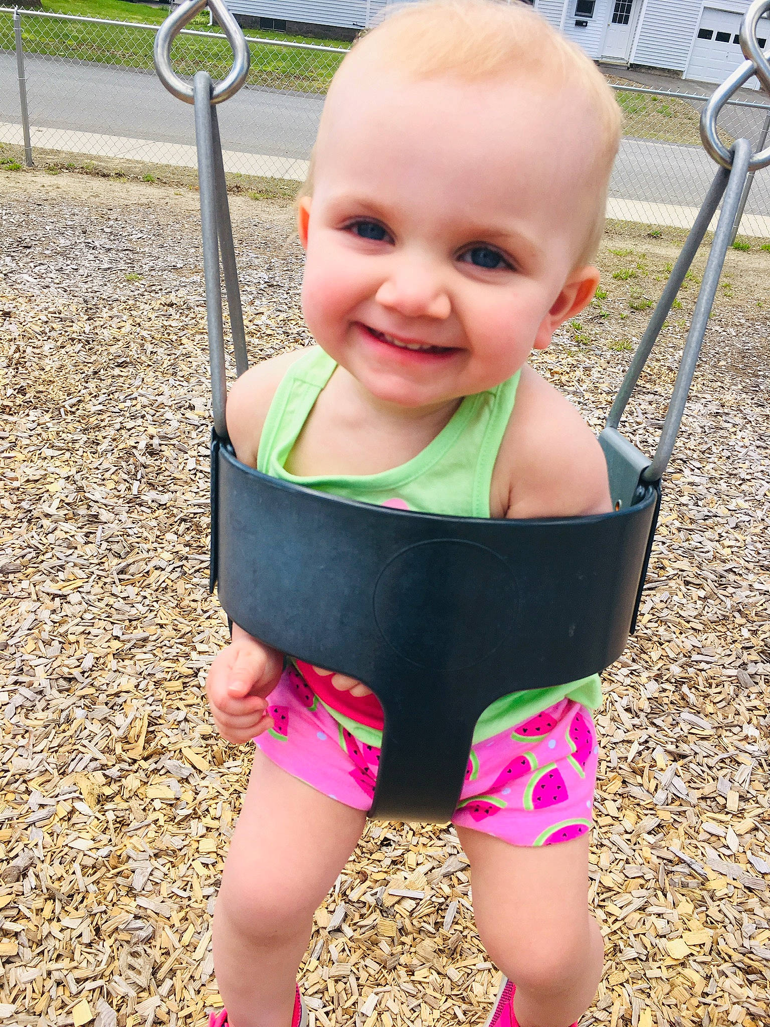Acacia joined the competition — help win amazing prizes! baby, baby_products, baby_toddler_clothing, child, fun, grass, happy, human_settlement, joy, leg, outdoor_play_equipment, person, pink, play, playground, product, public_space, smile, summer, swing