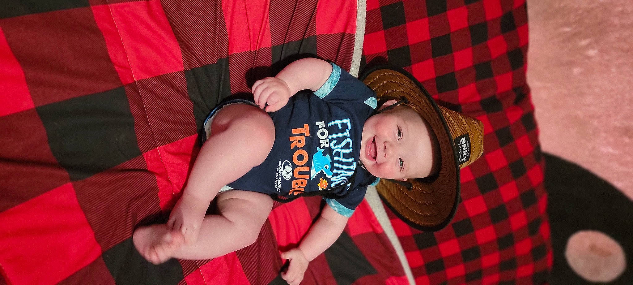 Beau joined the competition — help win amazing prizes! arm, baby, comfort, elbow, finger, flash_photography, fun, hand, hat, headwear, human_body, joy, mouth, muscle, orange, pattern, person, plaid, tartan, textile