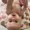 Hazel joined the competition — help win amazing prizes! baby, infant, upside_down, blanket, patterned_blanket, skin, blue_eyes, curious_expression, child, cute, soft_light, indoors, close_up, human, face, hand, foot, pale_skin, playful, toddler