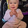 Adeline joined the competition — help win amazing prizes! baby, infant, child, smiling, headwrap, bow, onesie, sitting, hands, food, drooling, blue_eyes, rosy_cheeks, teeth, table, indoor, kitchen, refrigerator, toy, portrait